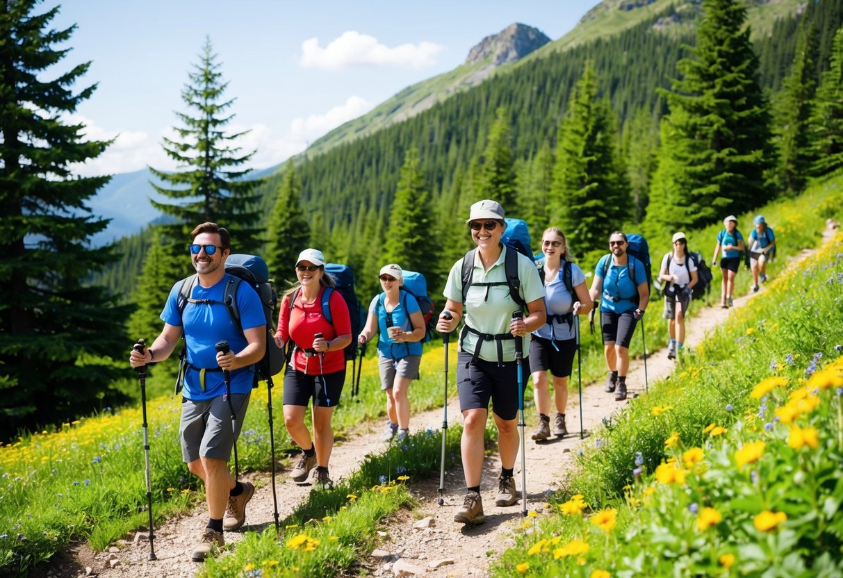 A group of people hiking along a mountain trail, surrounded by lush green trees and vibrant wildflowers. Some are carrying backpacks and water bottles, while others are using walking sticks. The sun is shining, and everyone looks energized and happy