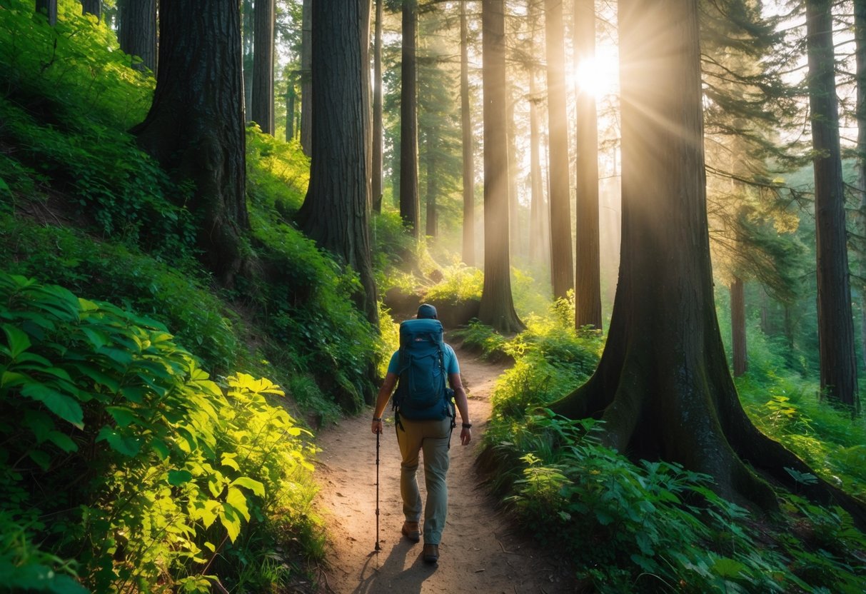Sunlight filters through the dense canopy as a hiker navigates winding forest trails, surrounded by towering trees and lush greenery