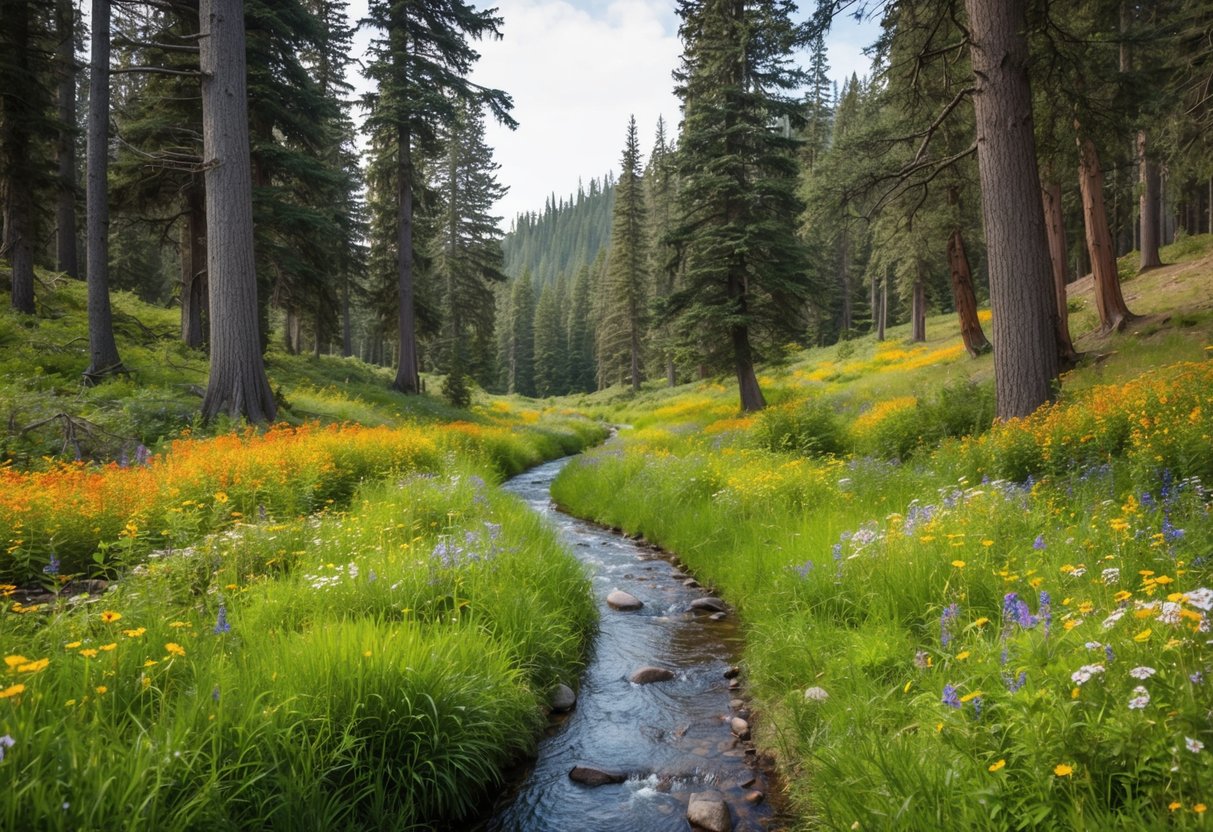A winding forest trail with colorful wildflowers, towering trees, and a gentle stream, perfect for a family hike with kids