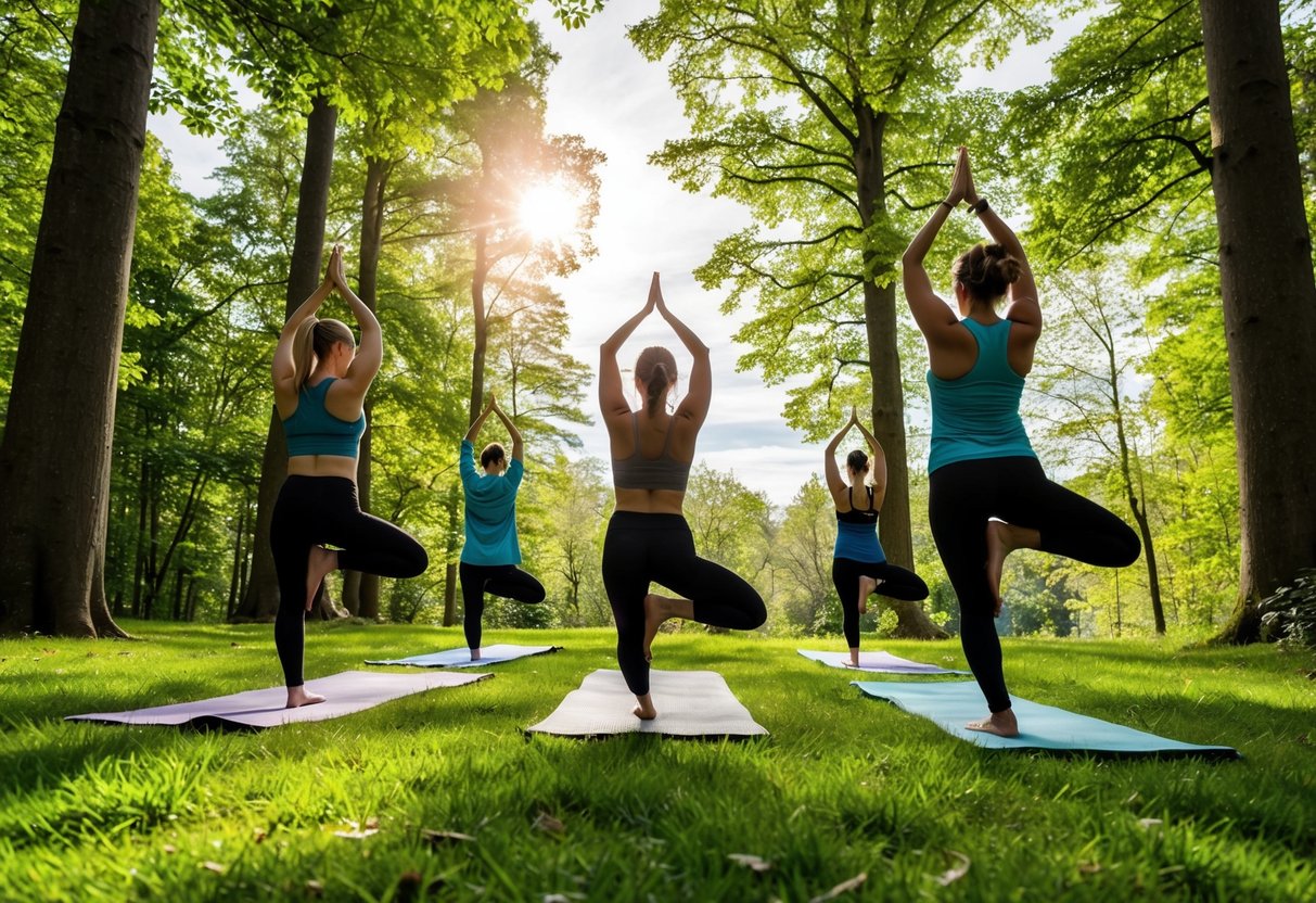 A group of people practice yoga poses in a lush green forest clearing, surrounded by tall trees and chirping birds. The sun peeks through the leaves, casting dappled light on the ground