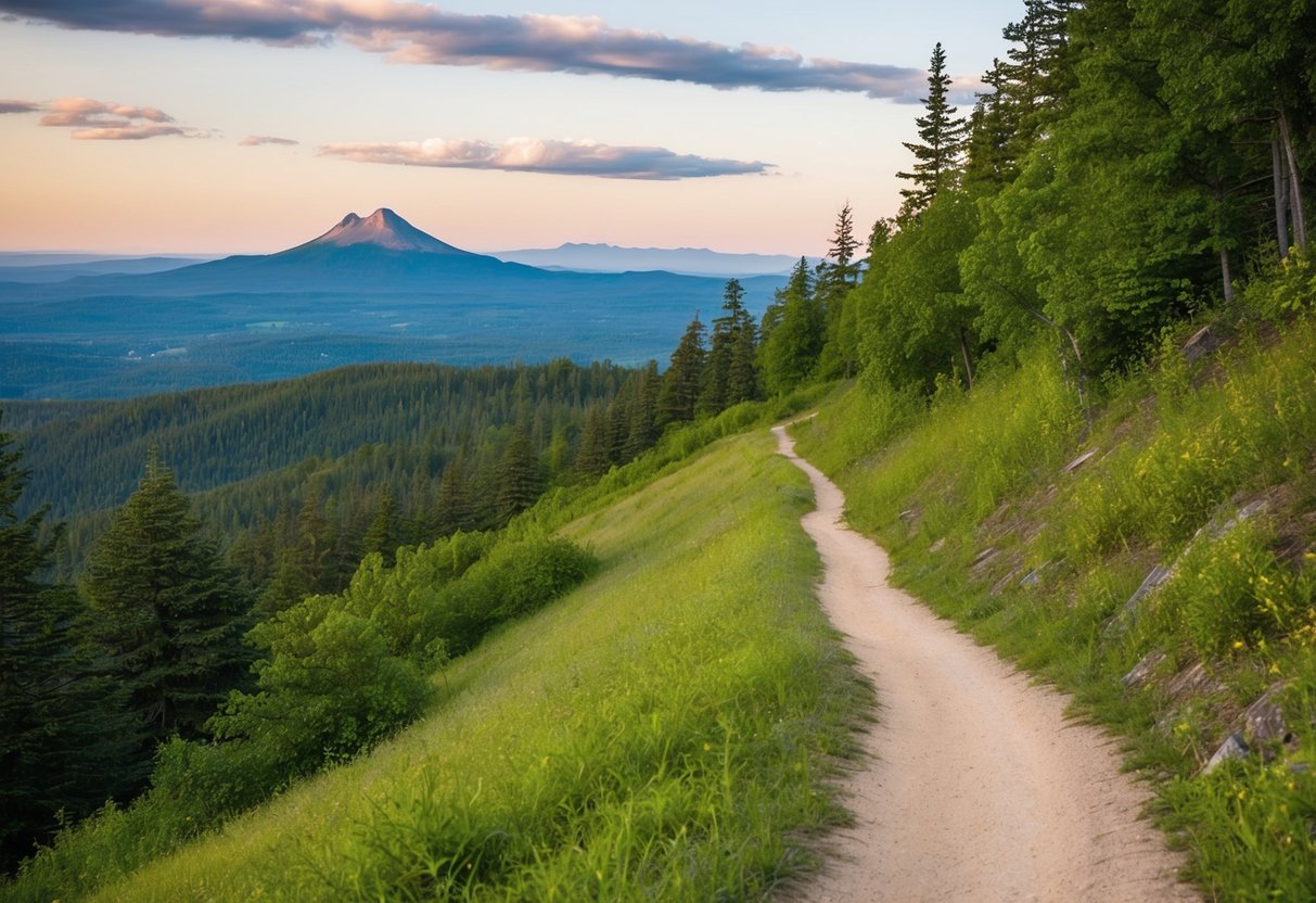 A winding trail through lush forest with a gentle incline, leading to a panoramic view of Bear Mountain and the surrounding landscape