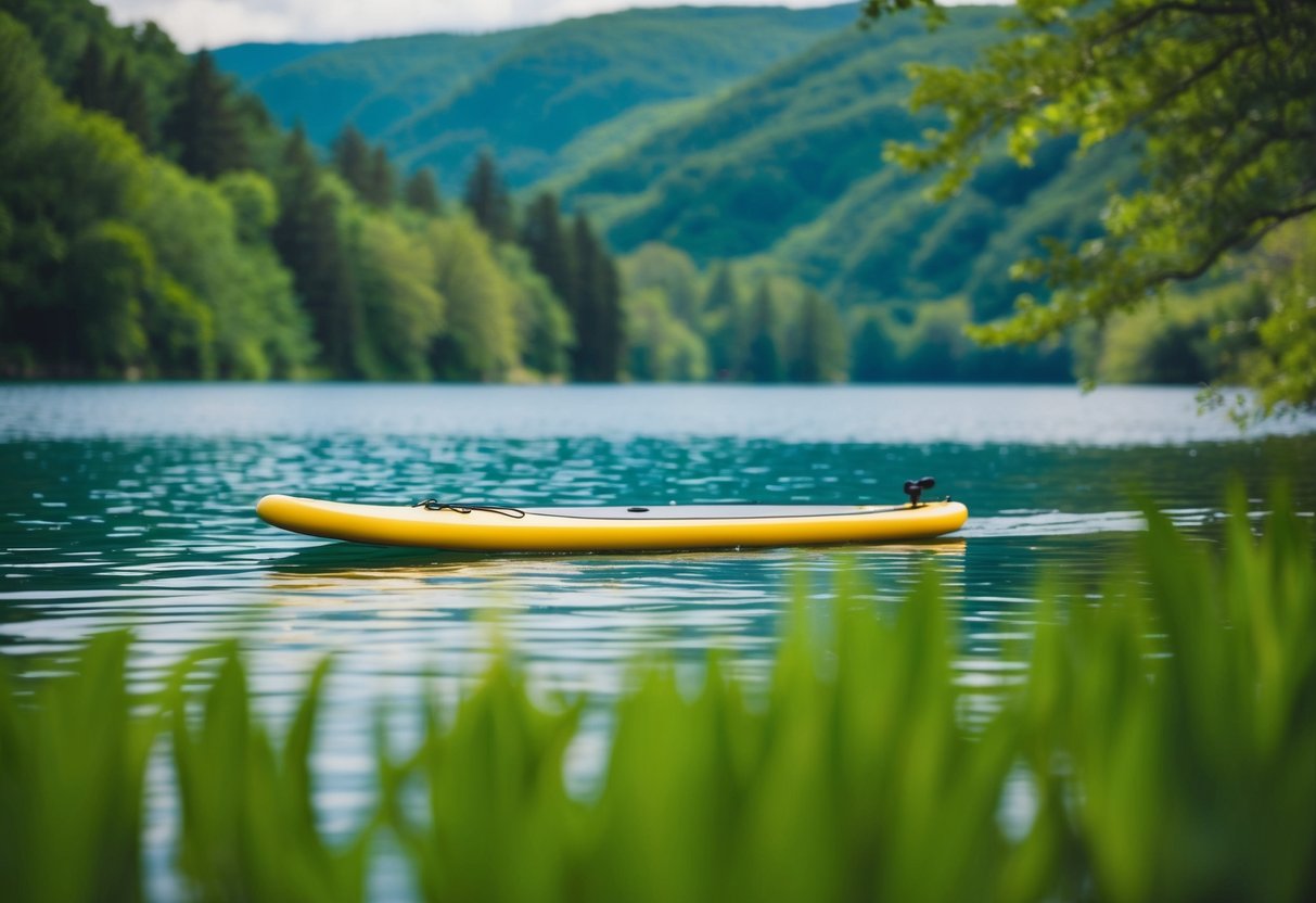 A serene lake surrounded by lush greenery, with a paddleboard floating peacefully on the water