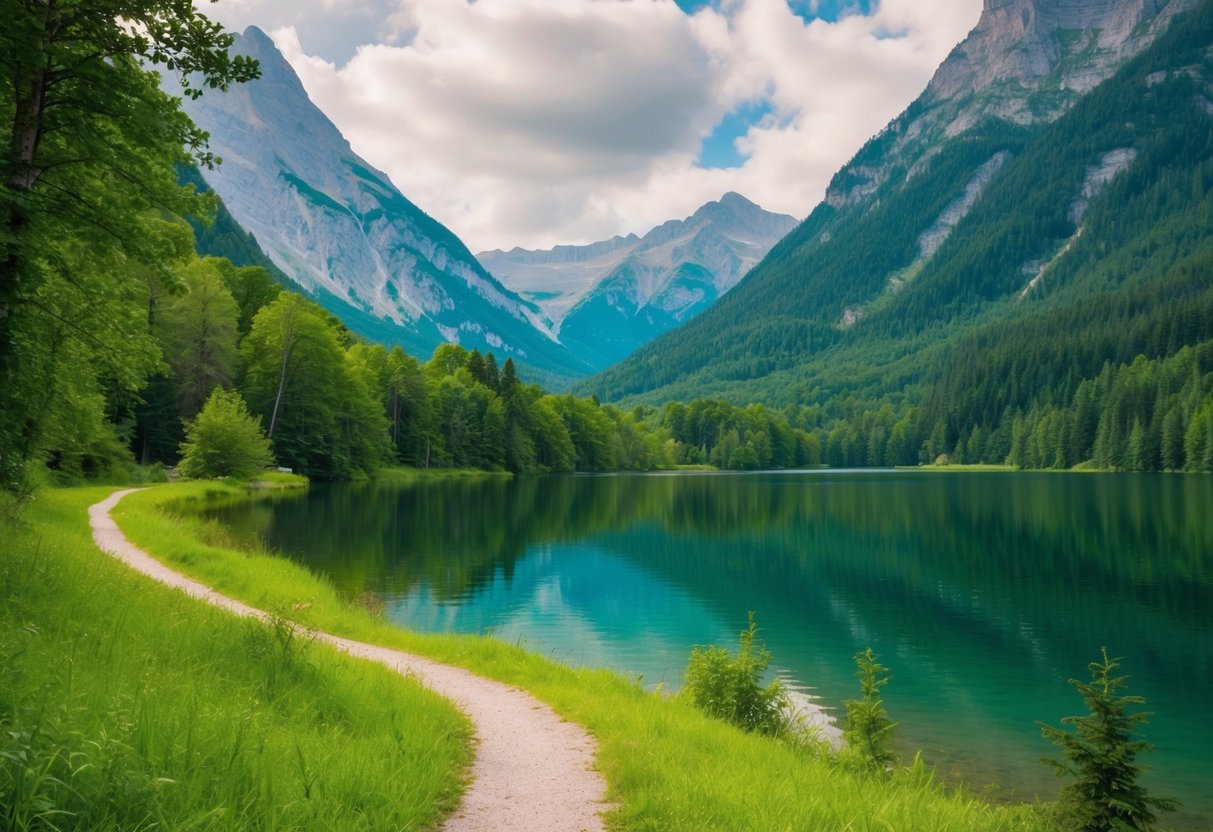 A serene lake surrounded by lush greenery and towering mountains, with a meandering trail leading through the tranquil landscape