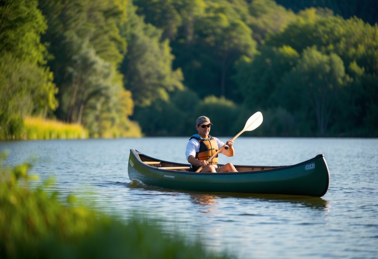 A canoe glides across a serene lake, surrounded by lush greenery and wildlife, as the paddler explores the beauty of nature