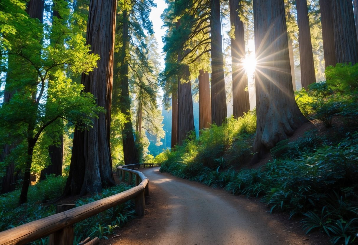 Sunlight filters through towering redwood trees in Muir Woods. A winding trail leads through lush greenery, perfect for families with kids