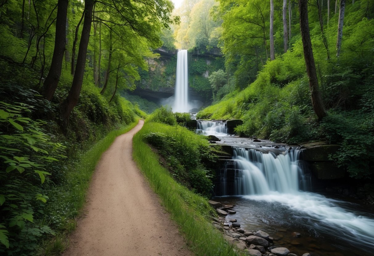A serene forest trail winds past a babbling brook, leading to a majestic waterfall surrounded by lush greenery