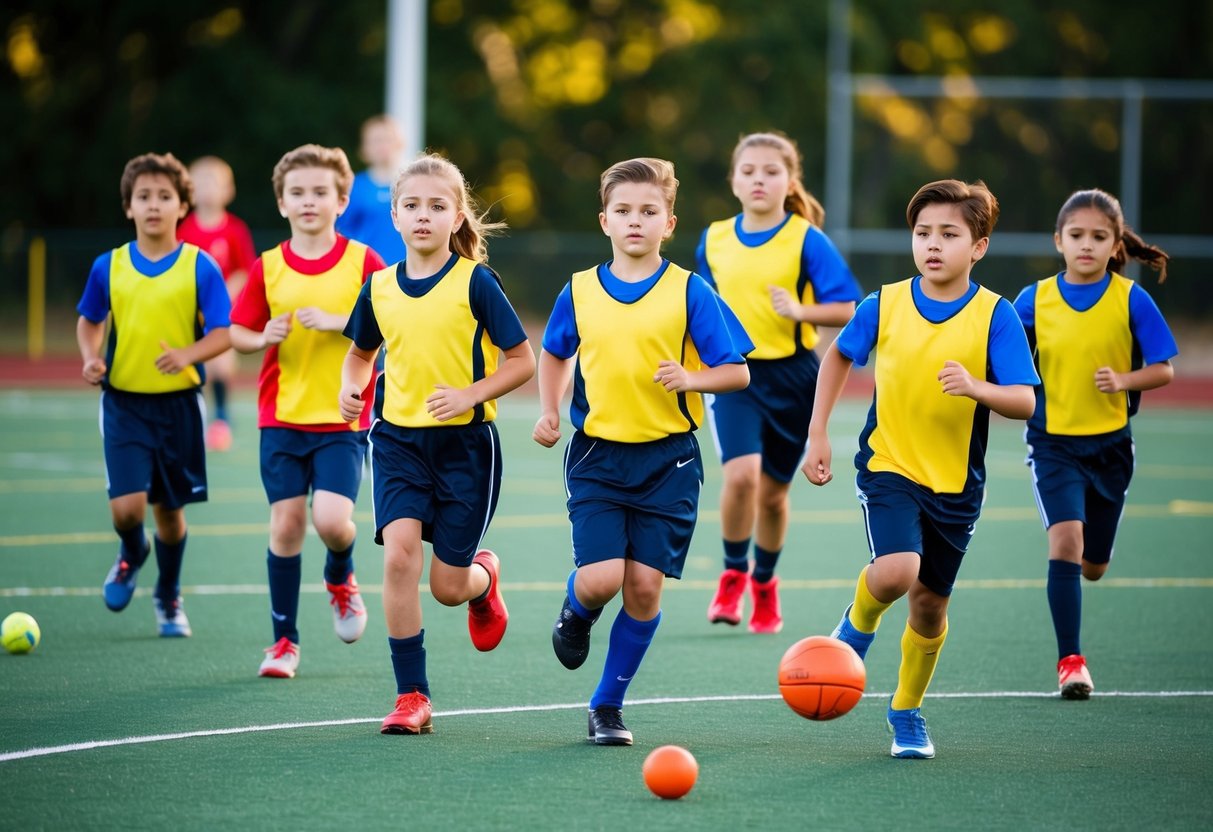 A group of children in sports uniforms and equipment, participating in various organized sports activities on a field or court