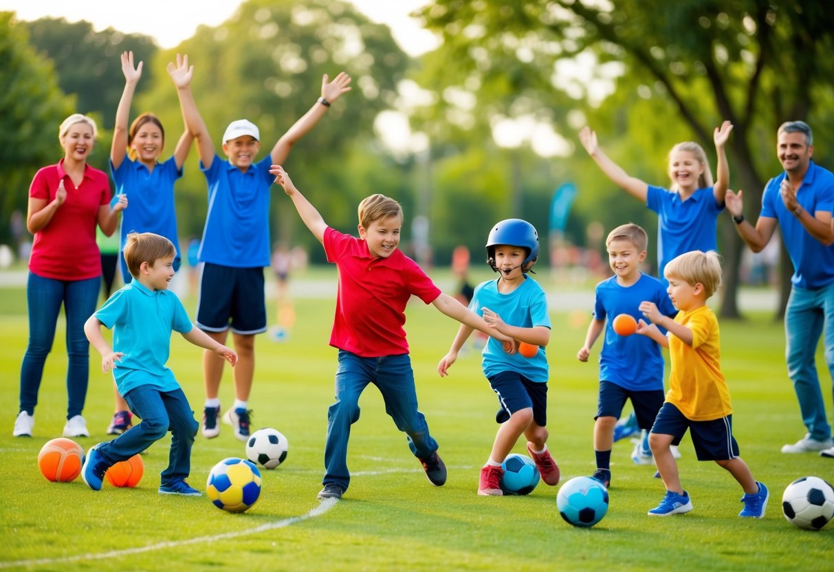 A group of children playing various sports in a park, with parents and coaches cheering them on from the sidelines