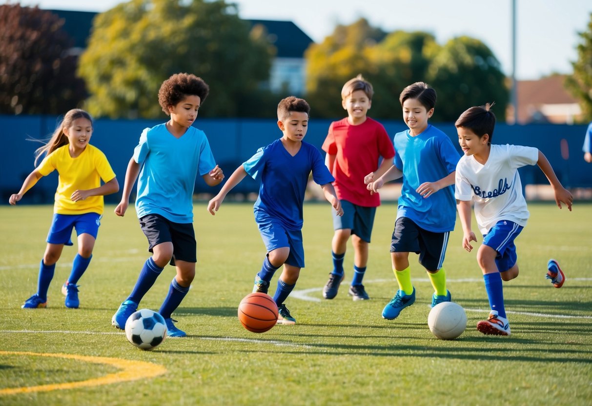 A group of children of various ages and genders are seen playing different organized sports such as soccer, basketball, and baseball in a local park or sports field
