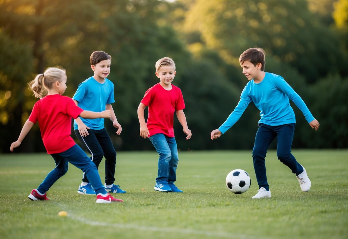 Children engaged in low-pressure sports activities, such as playing catch or kicking a ball, in a park or open field setting
