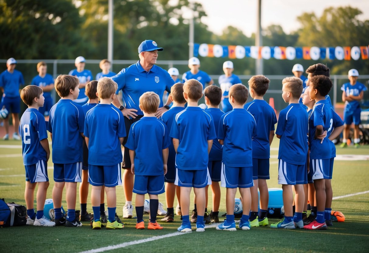 Kids in sports uniforms gather around a coach, listening intently. Equipment and team banners fill the background, creating an atmosphere of excitement and teamwork