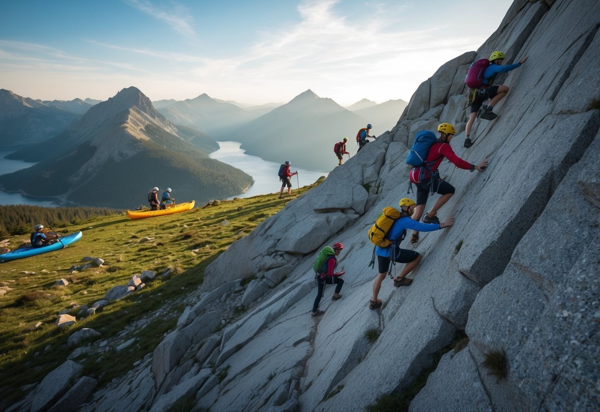 A group of people rock climbing up a steep mountain, with others hiking, kayaking, and biking in the background