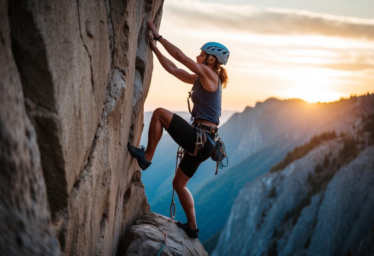 A climber scales a rugged cliff, muscles straining as they reach for the next handhold. The sun sets behind them, casting a warm glow over the rocky landscape