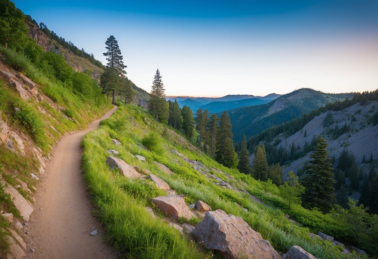 A trail winds through a rugged landscape, with steep inclines and rocky terrain. Lush greenery and tall trees line the path, while distant mountains loom in the background