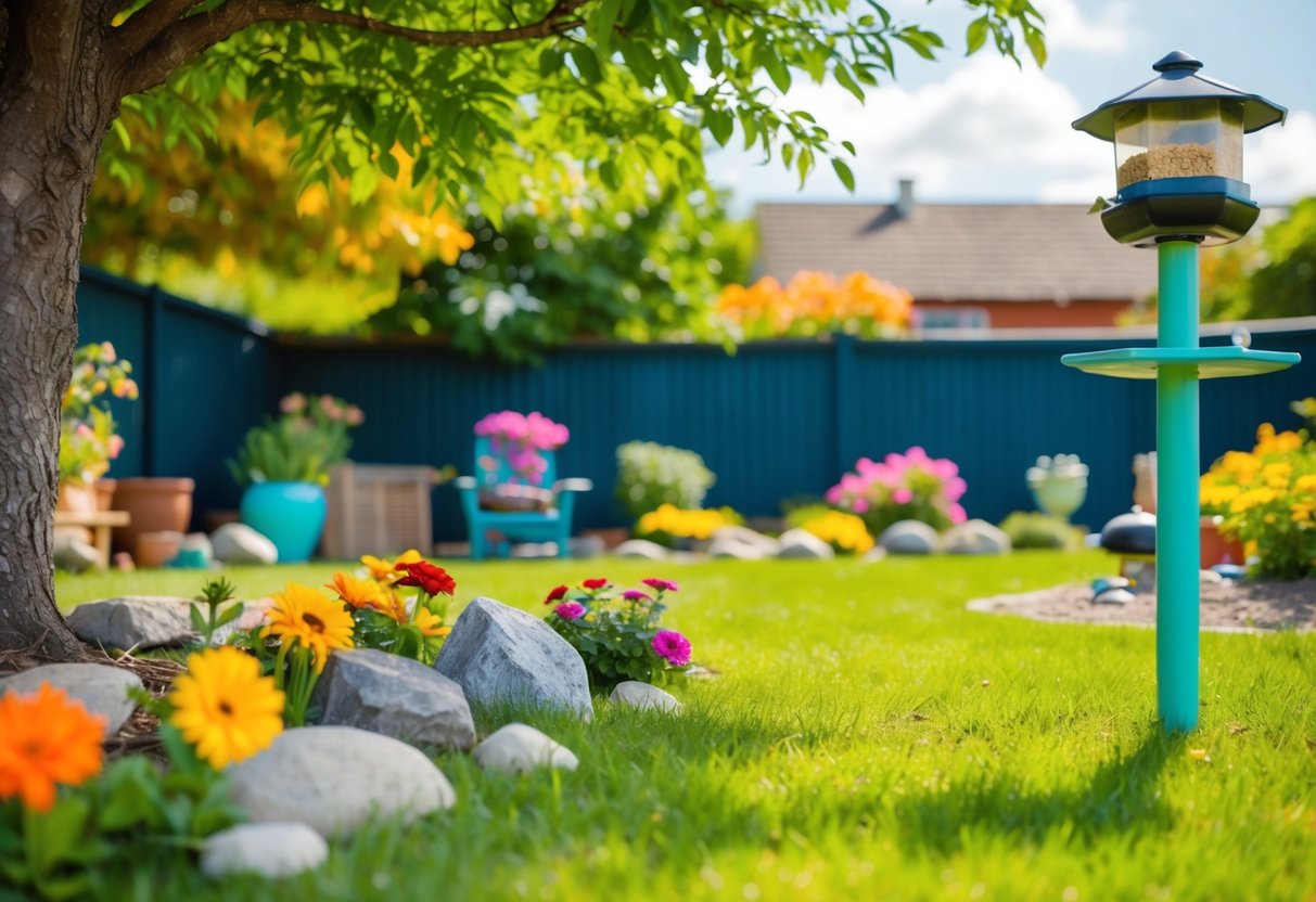 A colorful backyard with a variety of outdoor objects scattered around, such as a tree, flowers, rocks, and a bird feeder