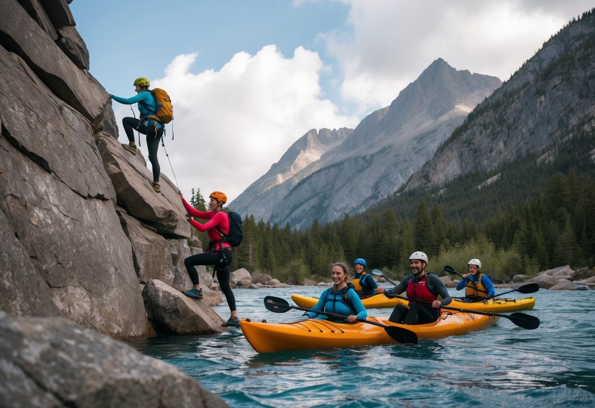 A group of people are engaged in various adventure activities such as rock climbing, trail running, and kayaking, all set against a backdrop of rugged mountains and forests