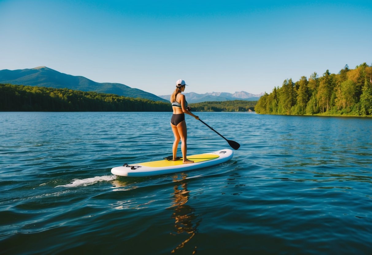A paddleboarder gliding across a serene lake, surrounded by lush greenery and distant mountains, under a clear blue sky