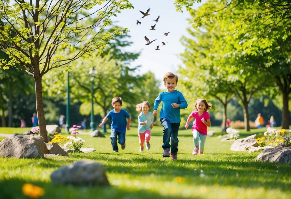 Children running through a sunny park, searching for hidden treasures among trees, flowers, and rocks. Birds chirping and a gentle breeze in the air