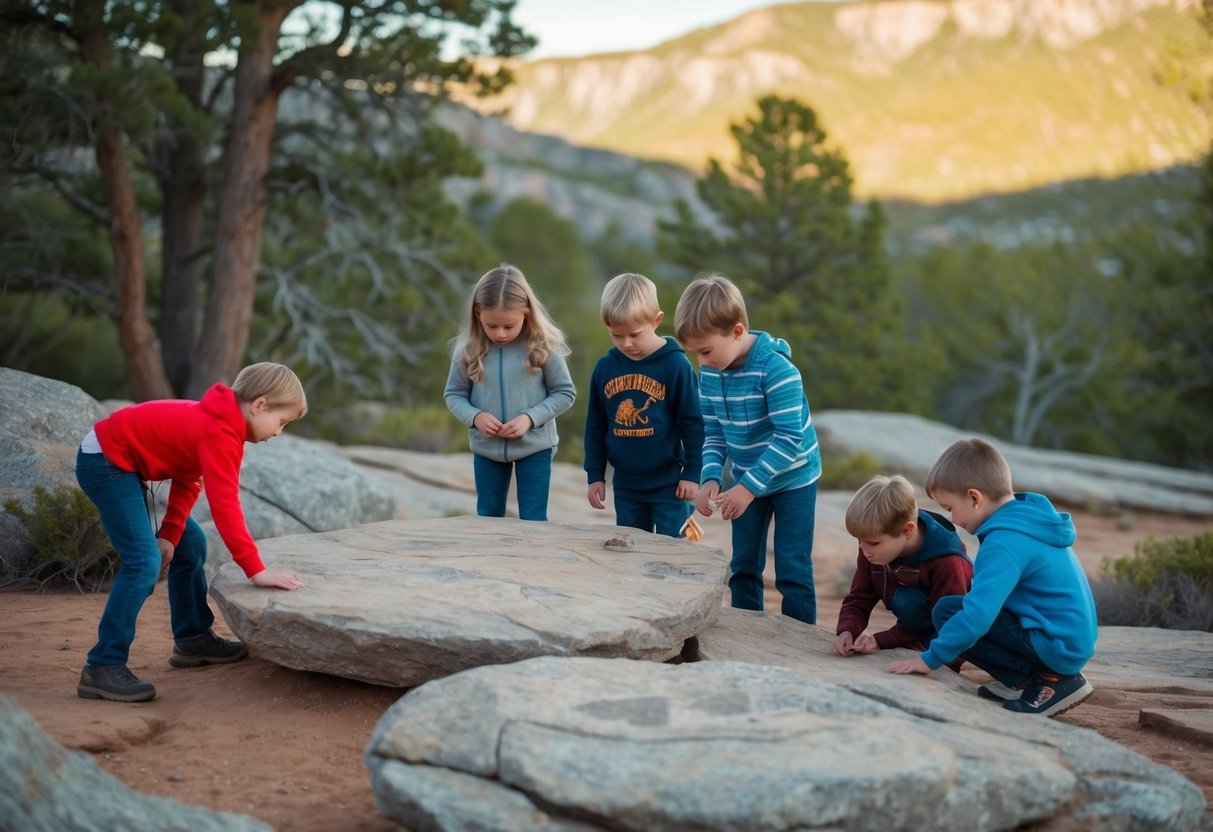 A group of children search for ancient rock art in a rugged outdoor landscape, surrounded by trees and wildlife