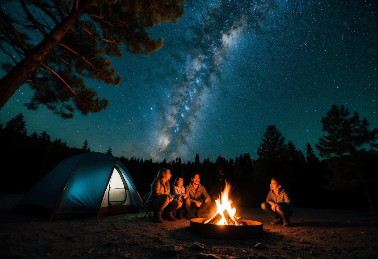 A family camping under a starry night sky, surrounded by trees and a glowing campfire