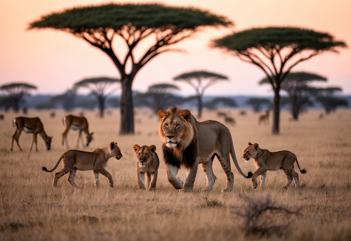 A wild lioness and her cubs roam freely in the expansive savanna, surrounded by towering acacia trees and grazing antelope