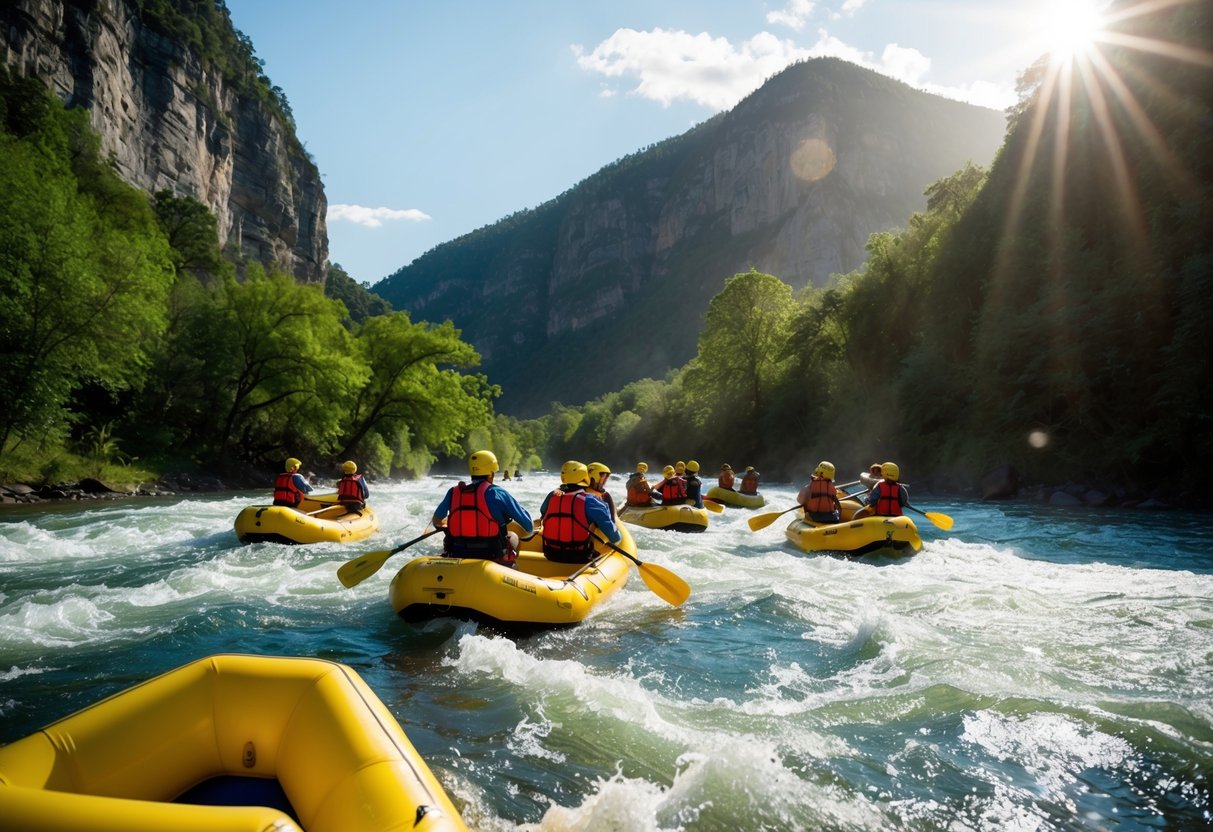 A group of rafts navigates through rushing rapids, surrounded by towering cliffs and lush greenery. The sun shines overhead, casting sparkling reflections on the water