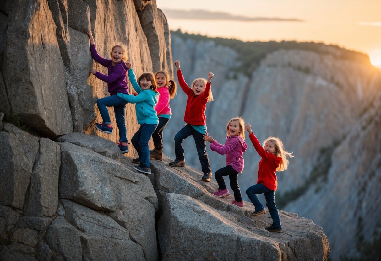 A group of children scale a rocky cliff, laughing and cheering as they climb. The sun sets behind them, casting a warm glow on the rugged terrain