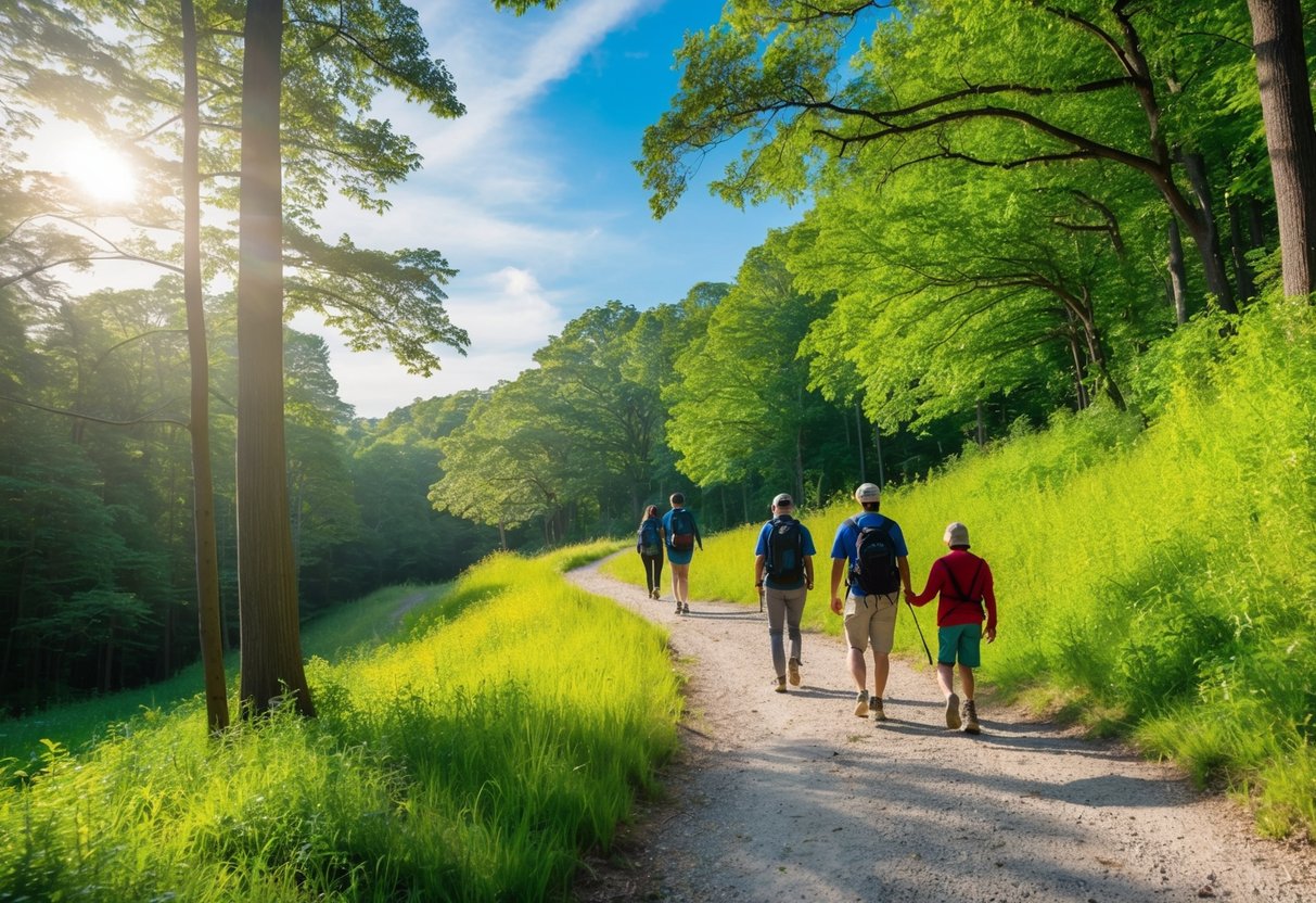 A family hikes along a gentle, winding trail through a lush forest, with sunlight filtering through the trees and a clear, blue sky overhead