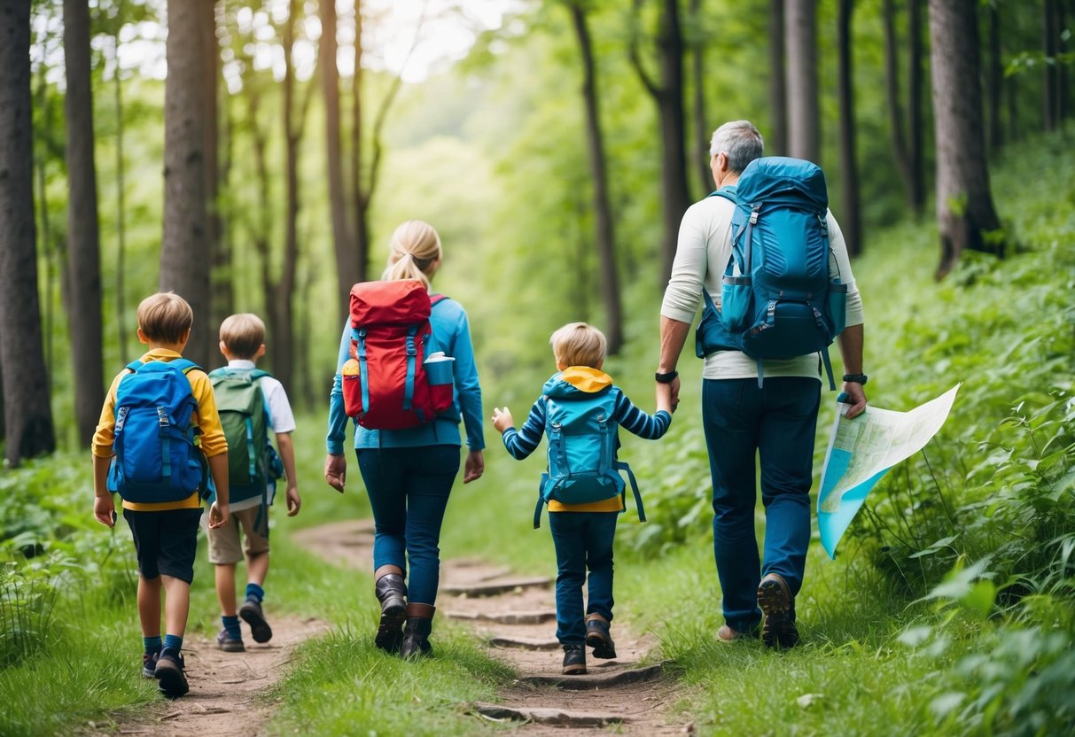 A family of four hikes through a lush forest, following a winding trail. The children eagerly explore the surroundings, while the parents carry backpacks and a map