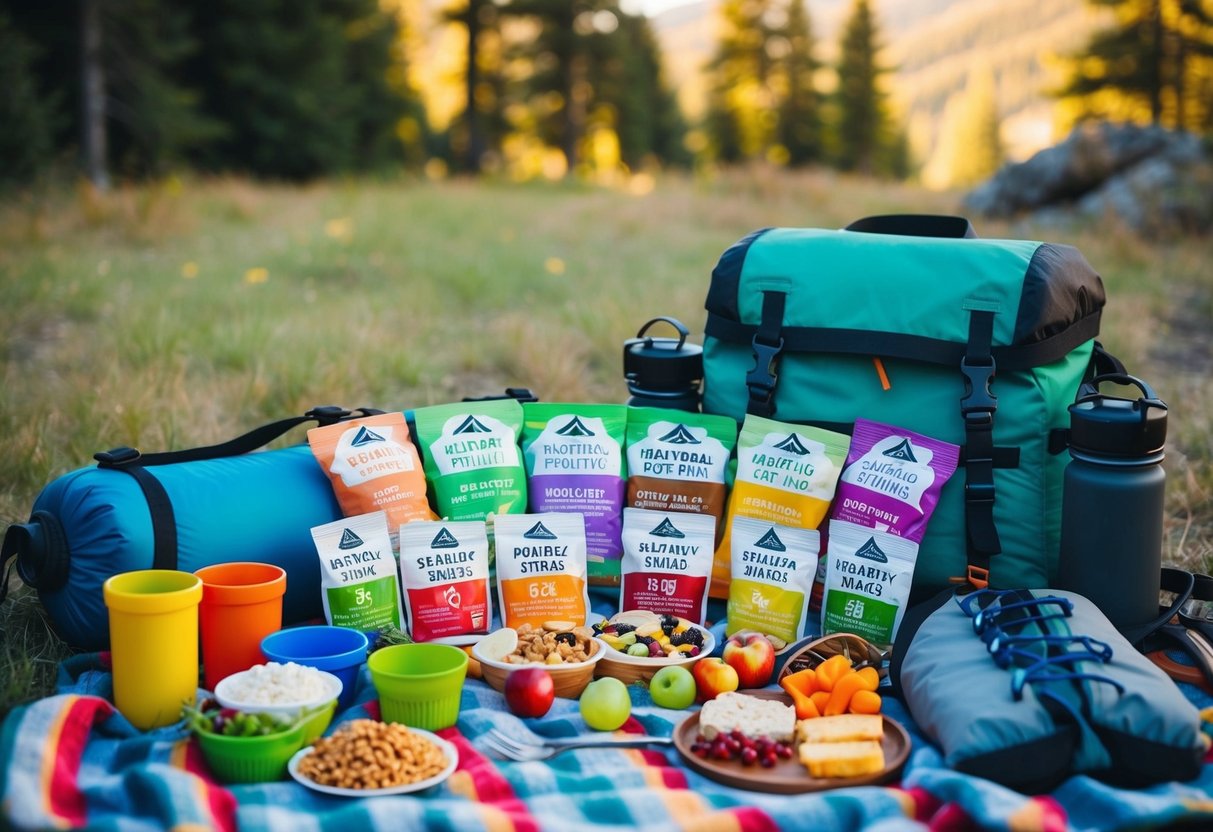 A colorful array of healthy snacks displayed on a picnic blanket surrounded by hiking and camping gear