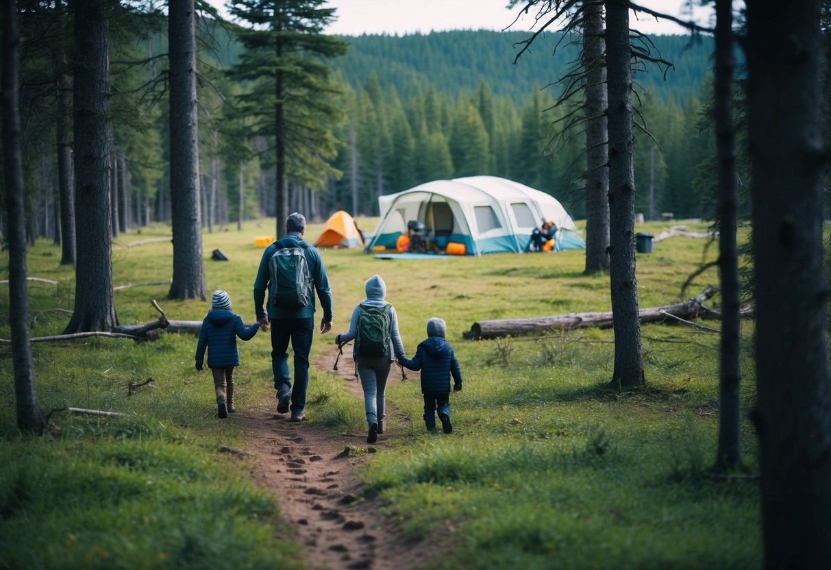 A family hiking through a pristine forest, leaving only footprints, with a campsite set up in the distance. Wildlife roams undisturbed