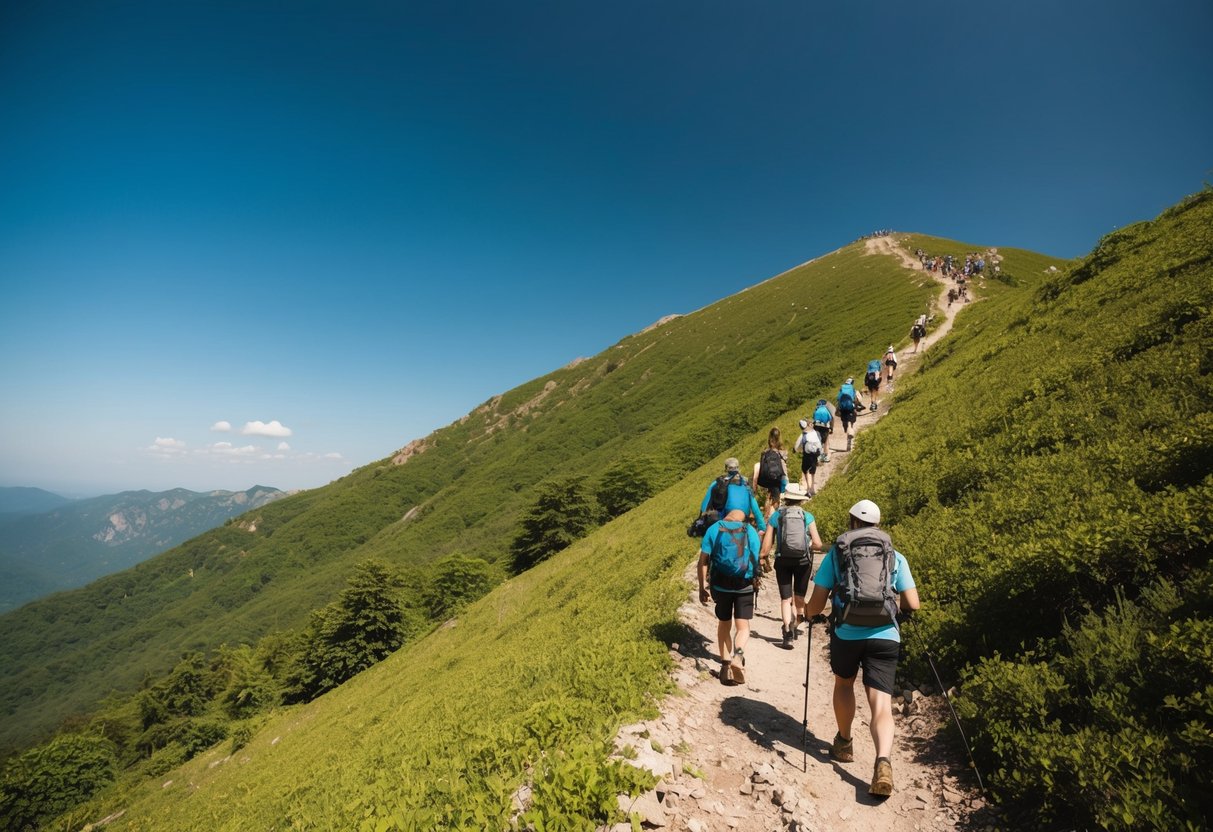 A group of people hiking up a steep mountain trail, surrounded by lush greenery and a clear blue sky above