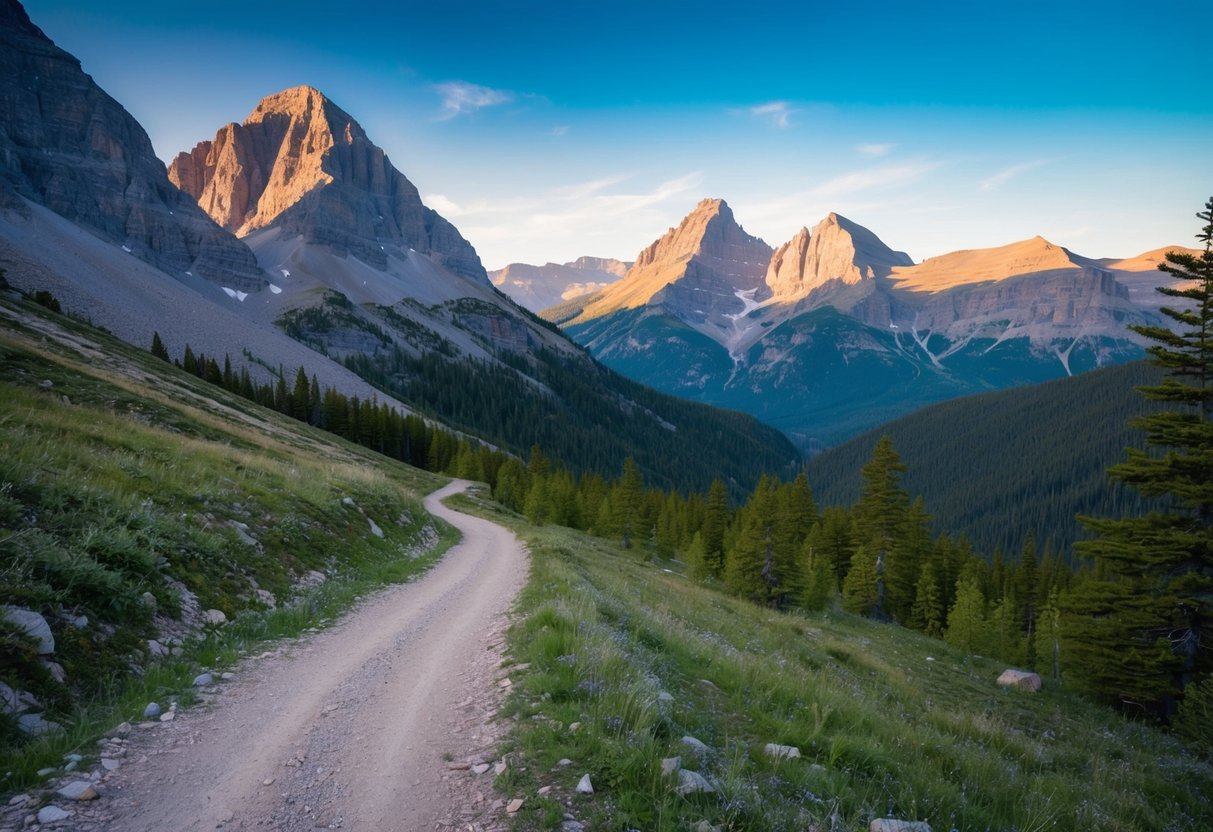 A winding mountain trail leads through the rugged Rockies, with towering peaks and lush pine forests in the distance