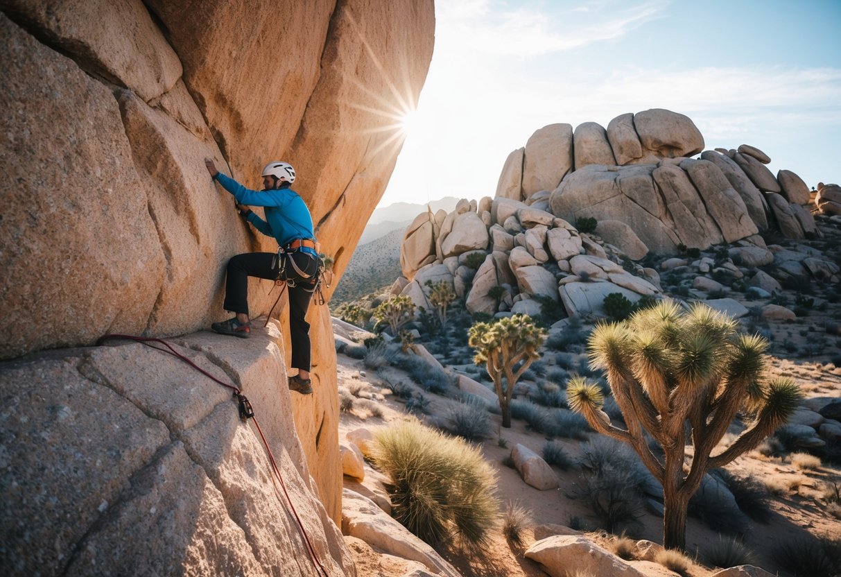 A climber scaling a rugged rock face in Joshua Tree National Park. Sunlight illuminates the desert landscape as the climber navigates the challenging terrain