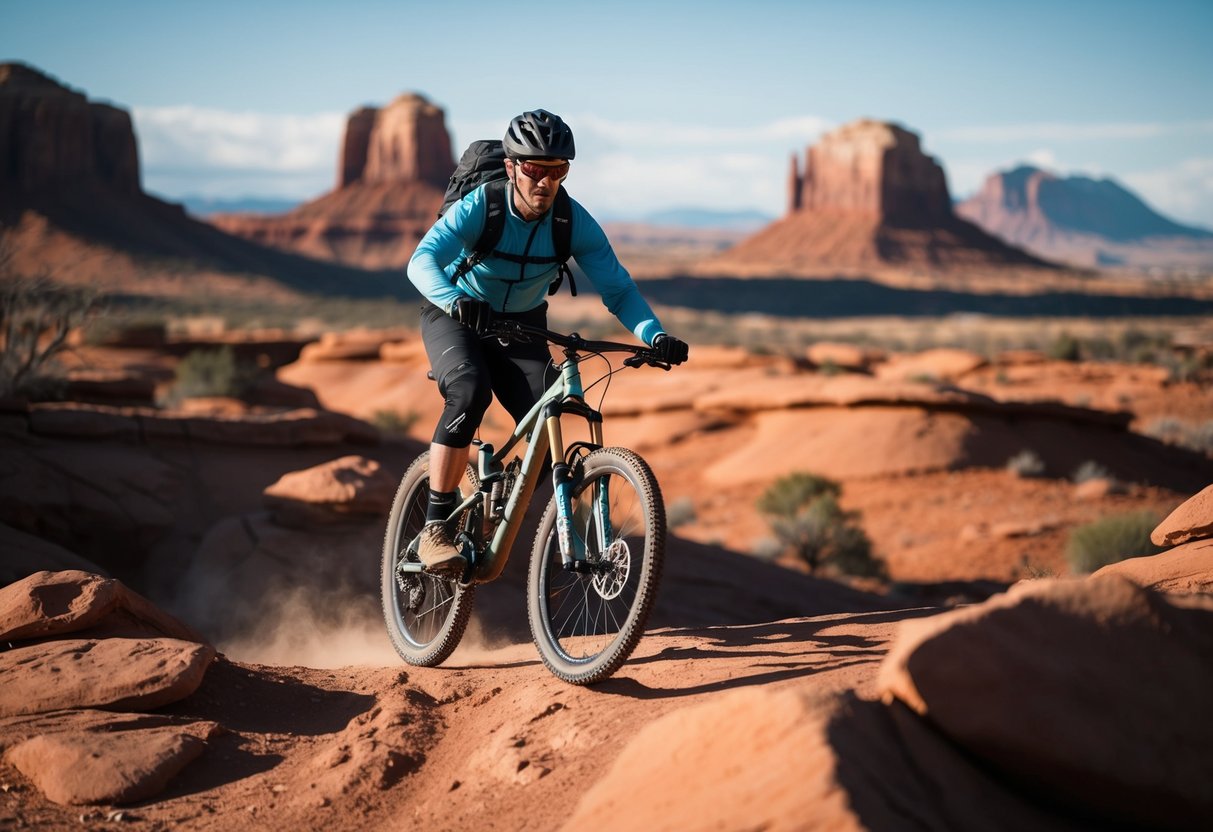 A mountain biker navigates a rocky trail in Moab, Utah, with red rock formations and desert landscape in the background