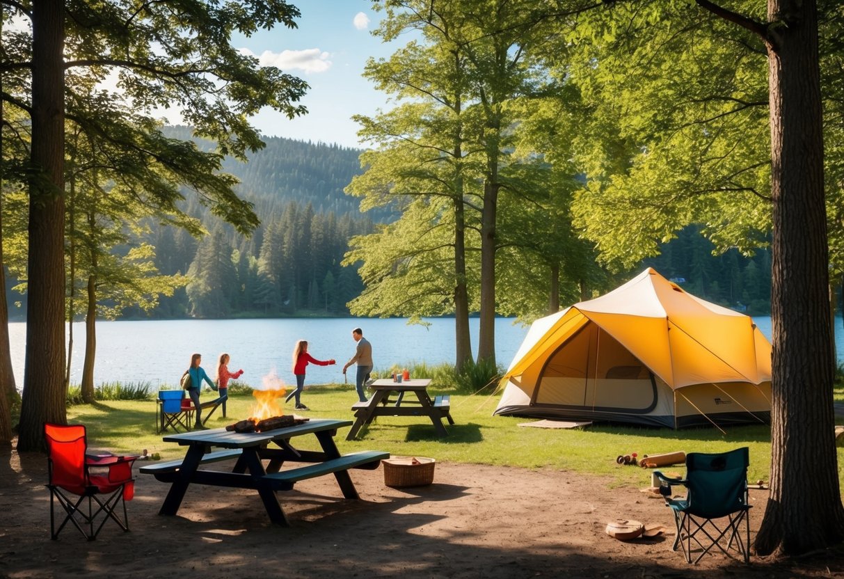 A sunny campsite with a large tent, picnic table, and campfire surrounded by trees and a calm lake, with families enjoying outdoor activities