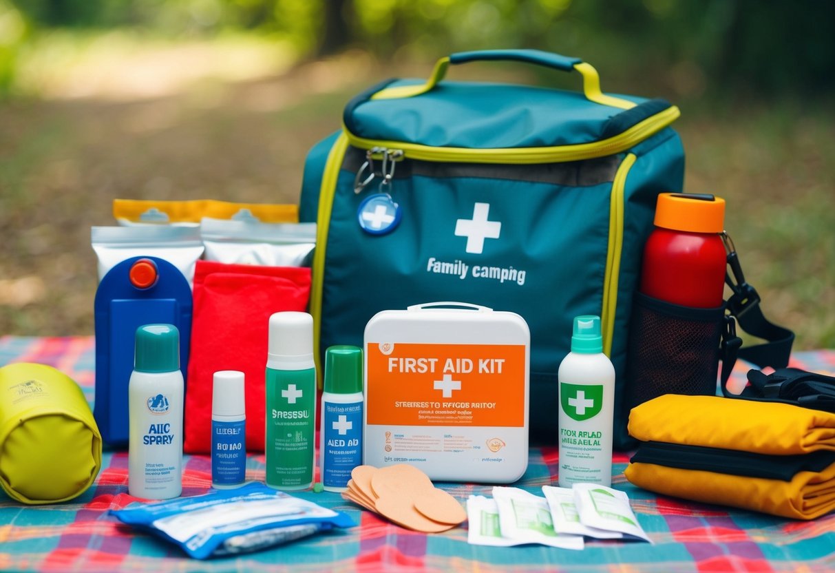 A family camping scene with a first aid kit, sunscreen, bug spray, bandages, and other essentials laid out on a picnic table