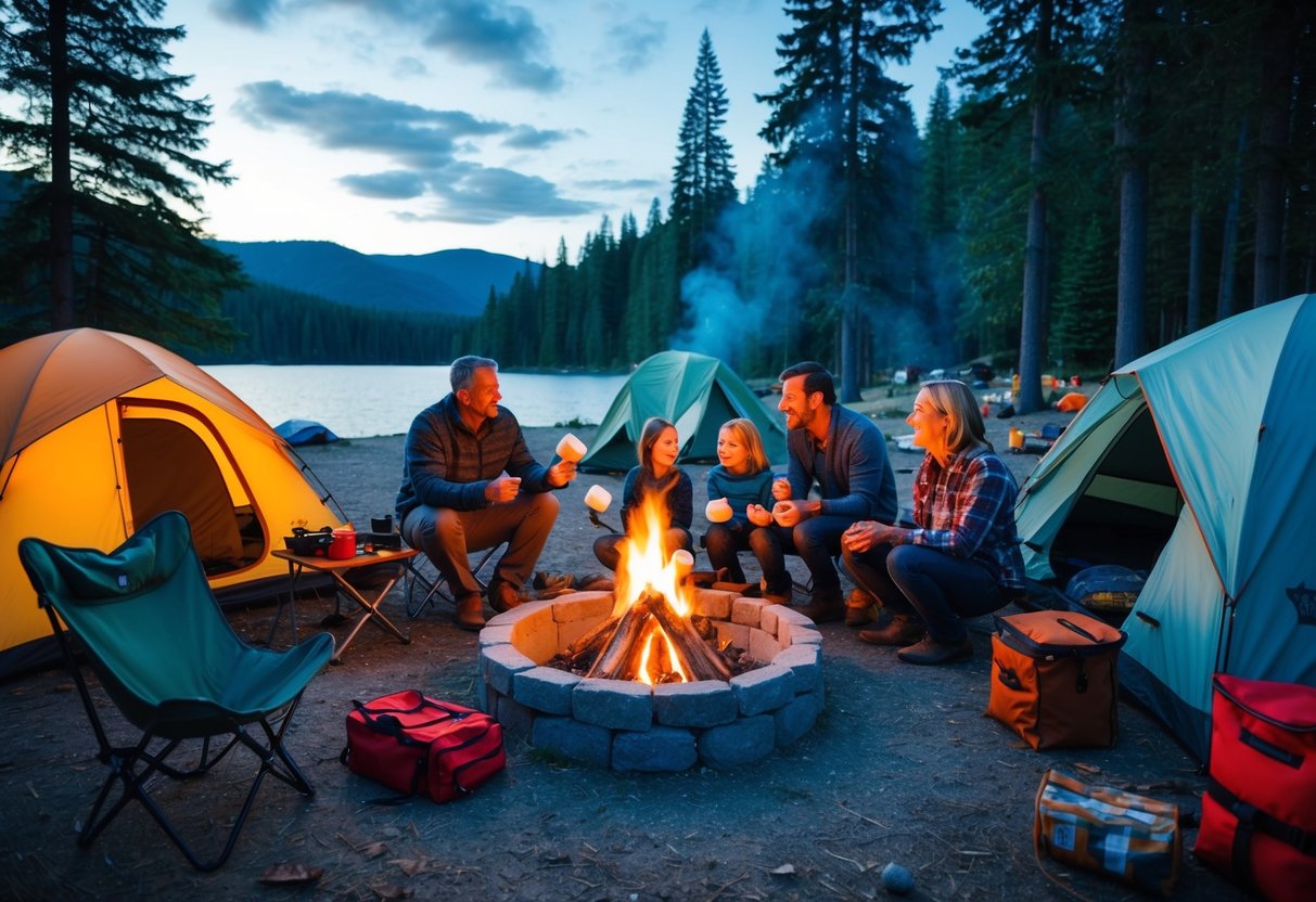 A family sits around a campfire, roasting marshmallows and telling stories. Tents and camping gear are scattered around the campsite, with a backdrop of tall trees and a serene lake