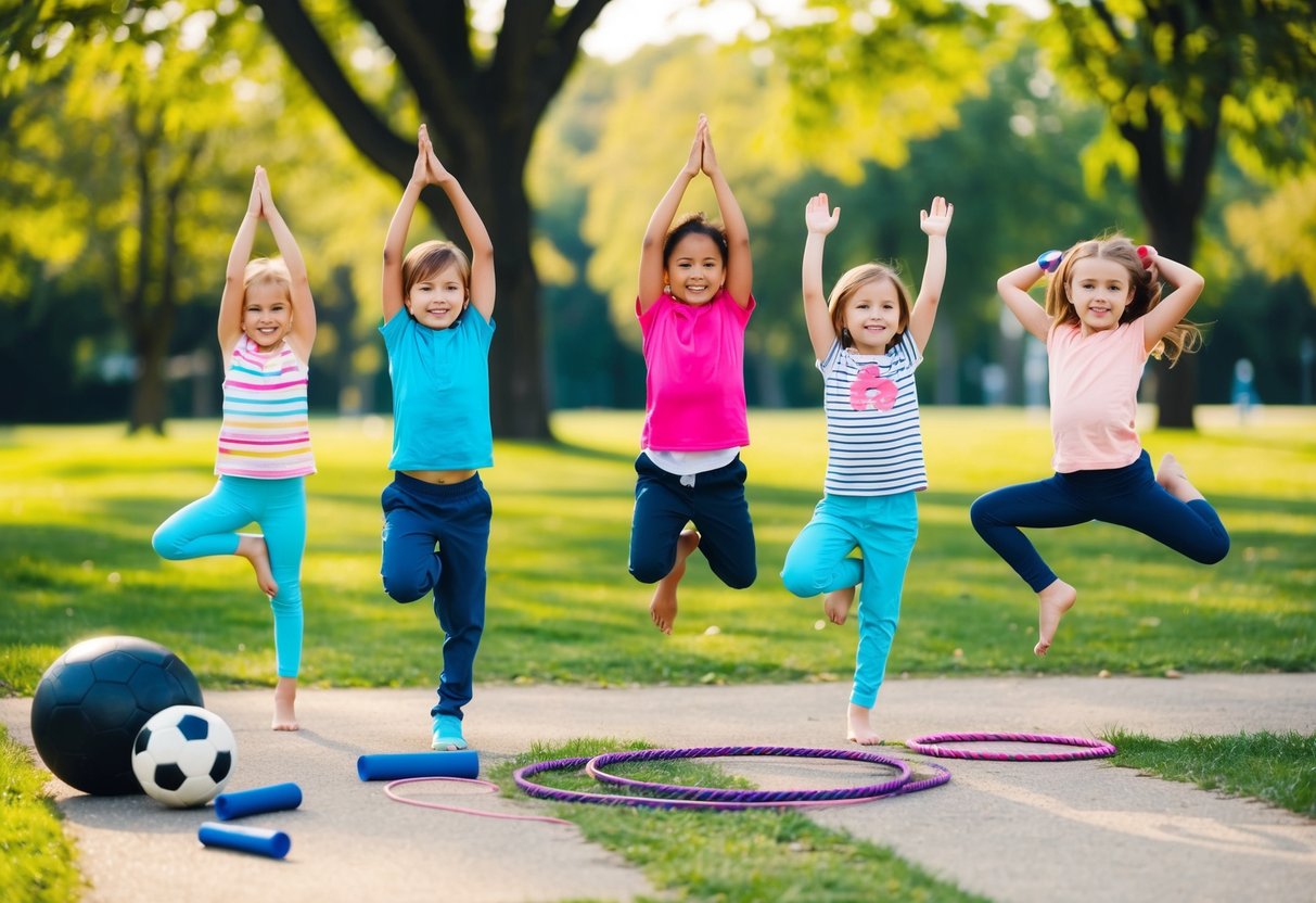 Children playing in a park, running, jumping, and doing yoga poses. A soccer ball, jump rope, and hula hoop are scattered on the ground