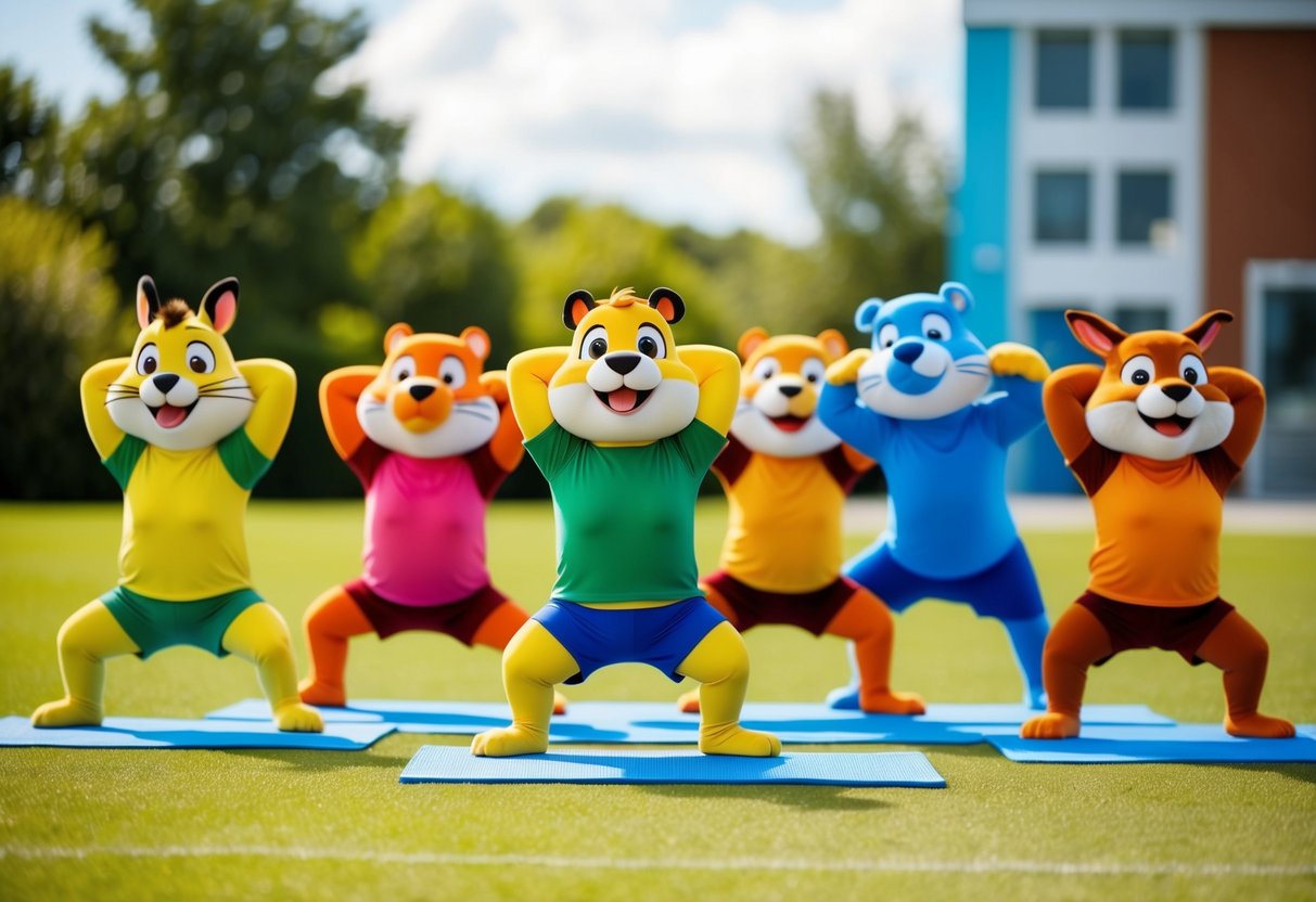 A group of colorful cartoon animals performing various stretching exercises in a bright and open outdoor setting