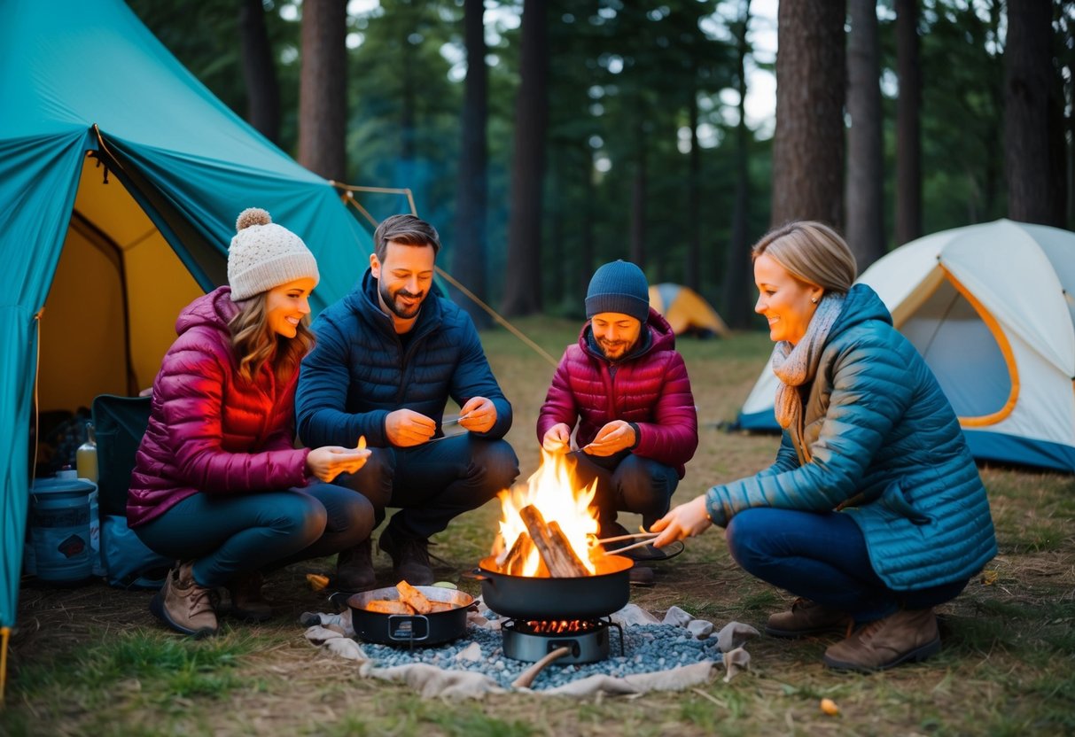 A family sits around a campfire, surrounded by tents and trees. They cook over a portable stove and prepare easy meals while enjoying the outdoors