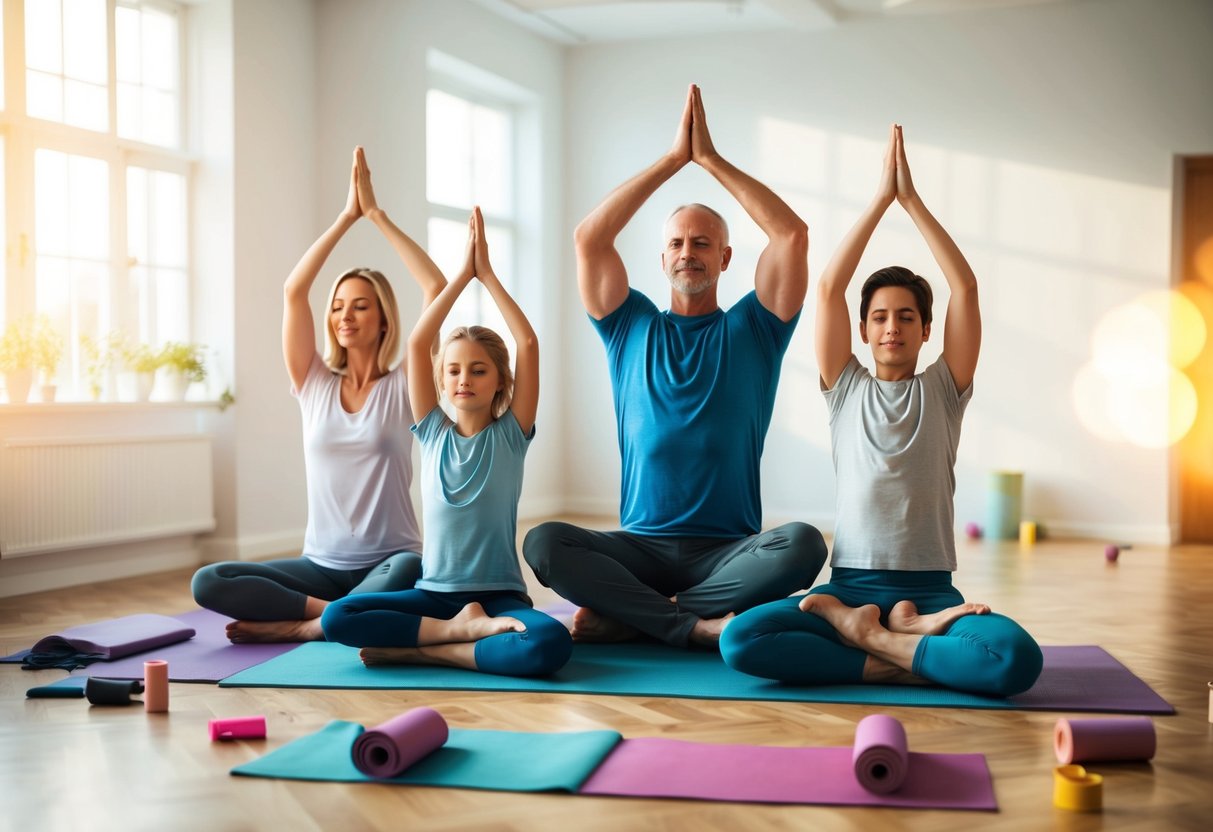 A family of four practicing yoga together in a spacious, sunlit room with a colorful yoga mat and props scattered around