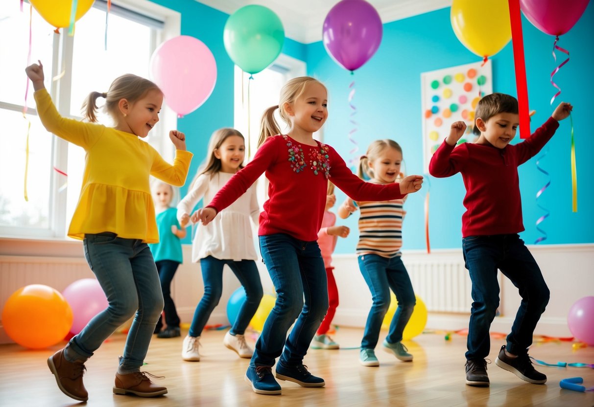 Children dancing in a brightly lit room with colorful streamers and balloons, moving to upbeat music