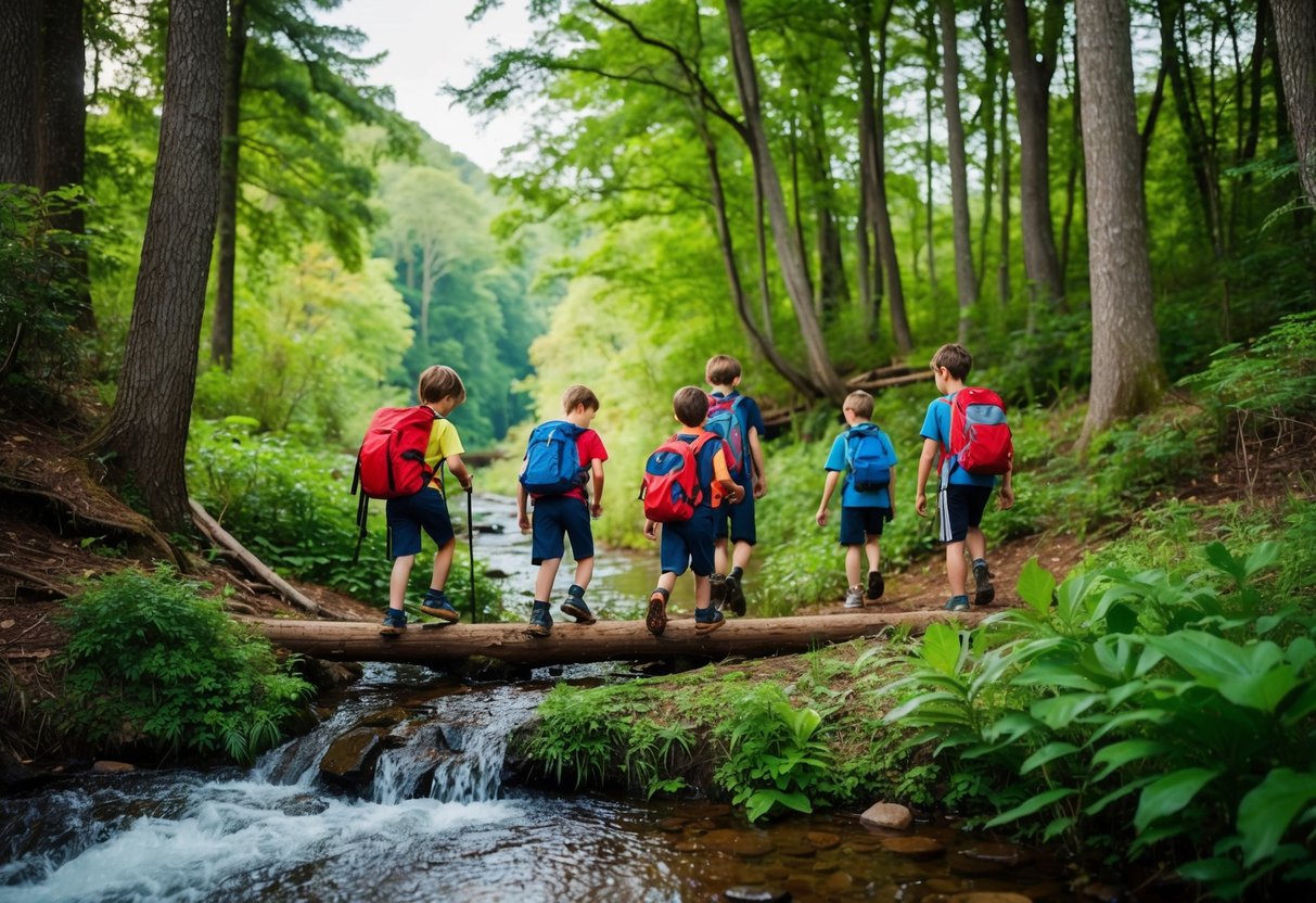 A group of children hiking through a lush forest, crossing a bubbling stream, and exploring a variety of natural landscapes