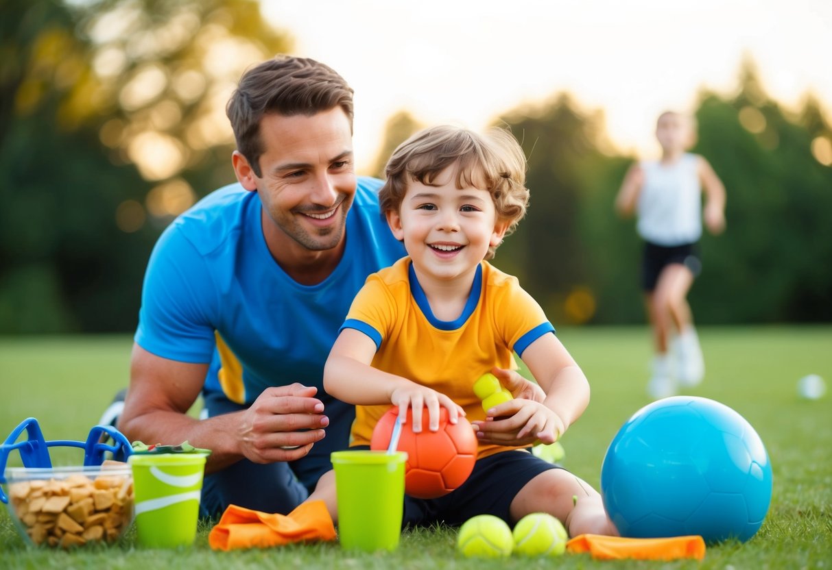 A child happily playing sports outdoors with a parent, surrounded by sports equipment and healthy snacks