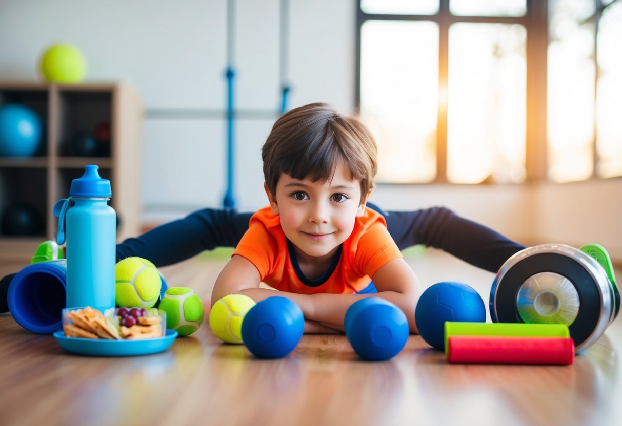 A child surrounded by sports equipment, water bottle, and healthy snacks, stretching before starting a fitness routine