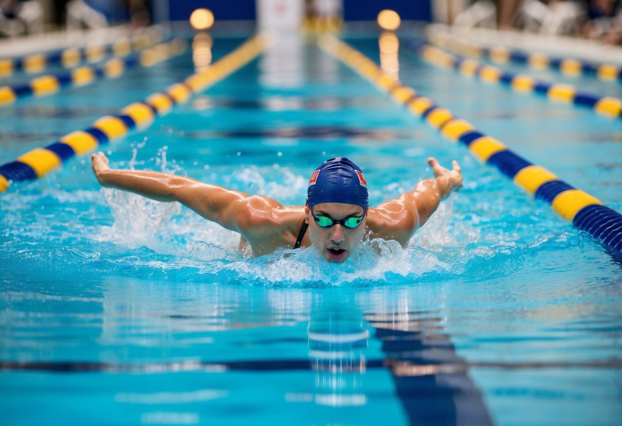 A swimmer glides through clear blue water, surrounded by the rhythmic motion of swimming lanes