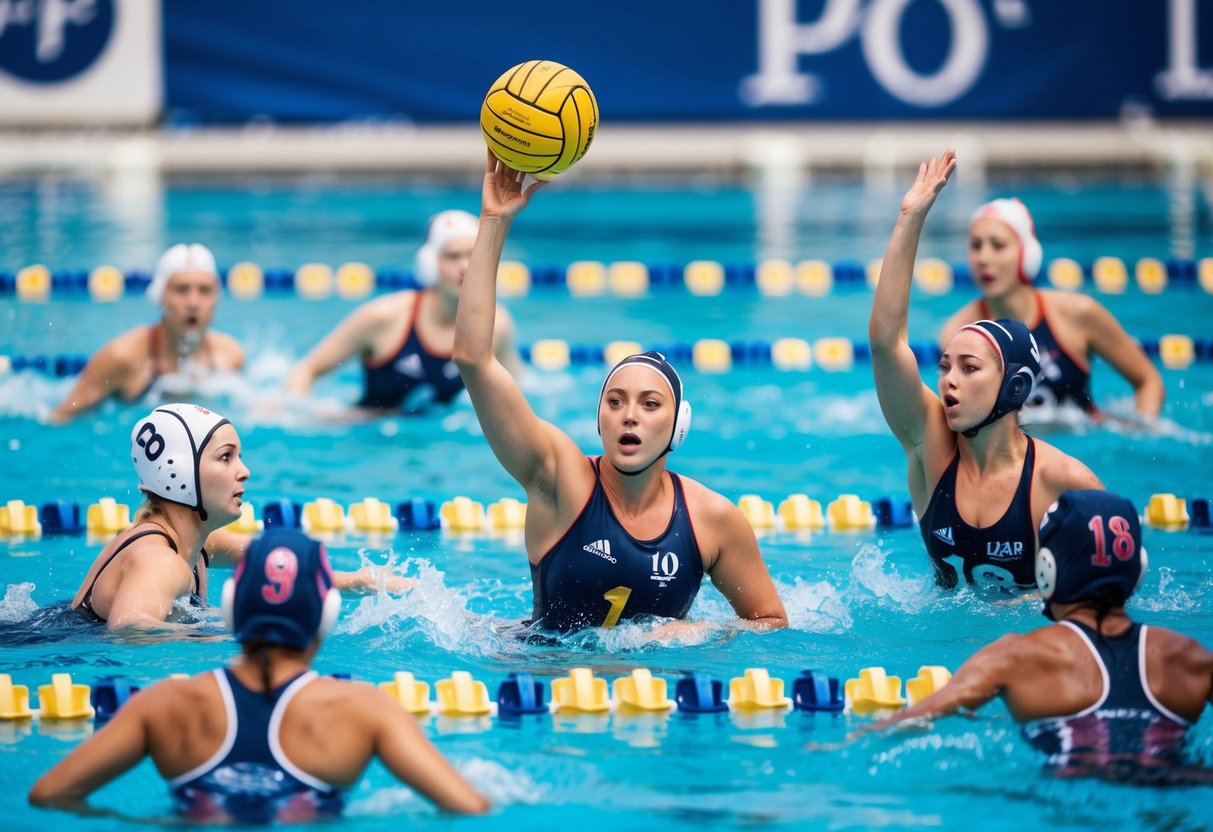 A group of players compete in a water polo match, swimming and passing the ball in a pool