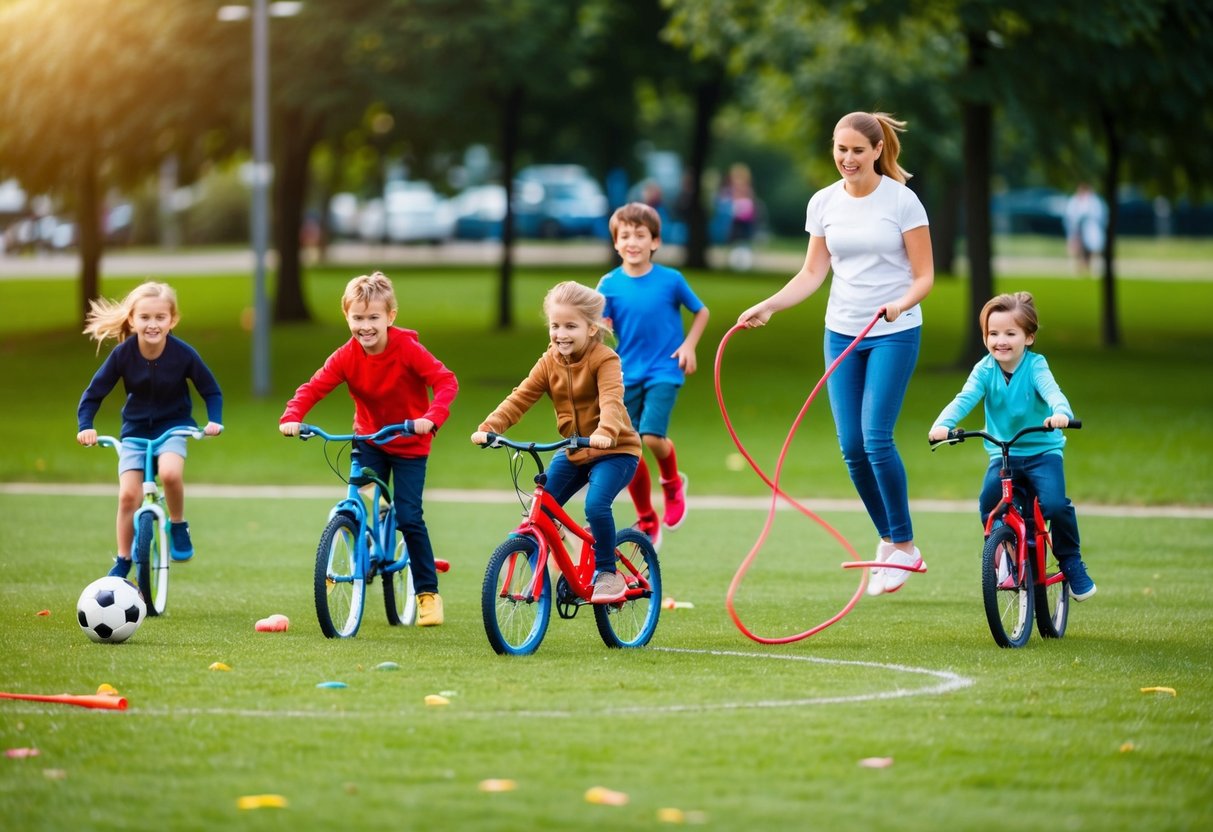 Children playing soccer, riding bikes, and jumping rope in a park. A parent supervises while other kids join in the fun activities