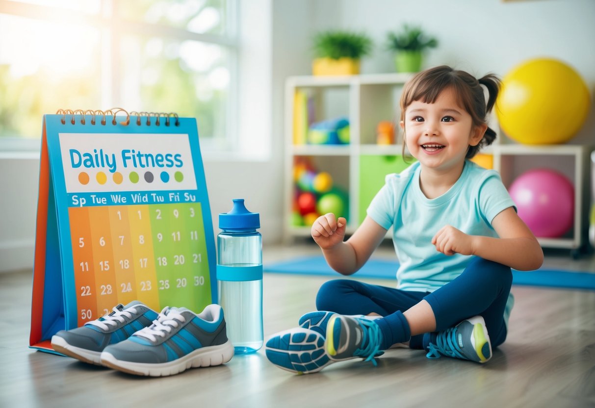 A child's daily fitness routine: a colorful calendar with designated exercise times, a water bottle, sneakers, and a happy child engaging in various physical activities